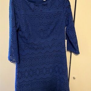 Chicos Sz 0.5 /6 Cobalt Blue Crochet Lace Sleeves Dress Shift Fit Flare NWT